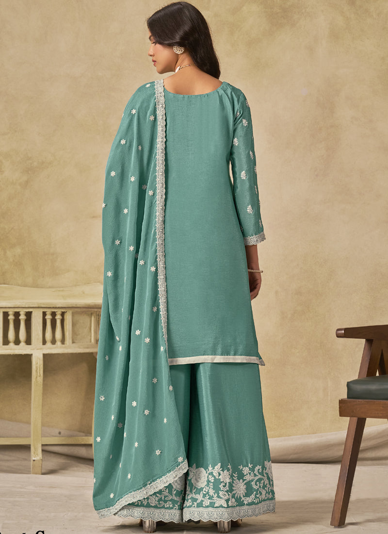 Sea Green Chinon Silk Embroidered Designer Palazzo Suit
