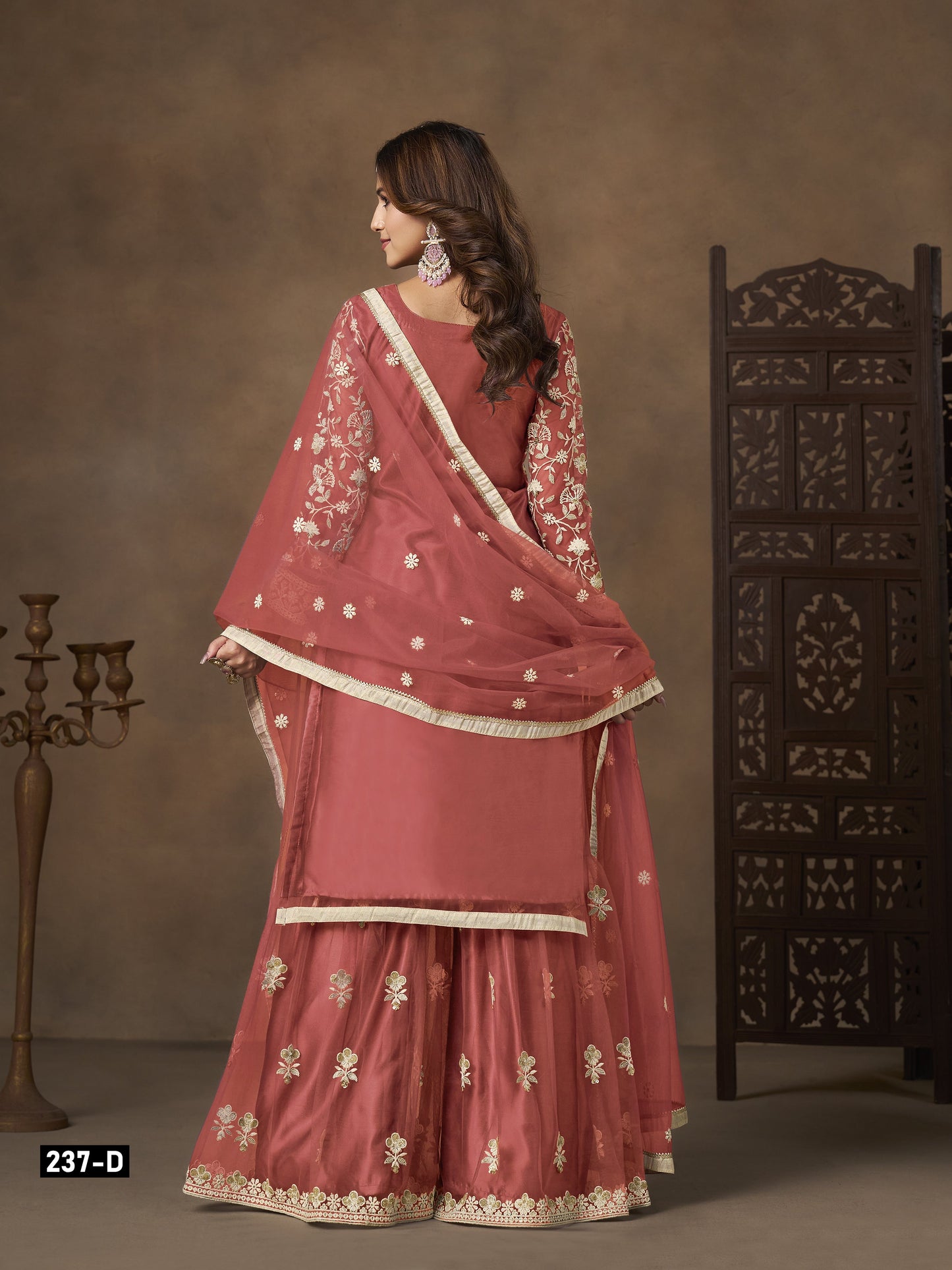 Dark Peach Net Embroidered Designer Palazzo Suit