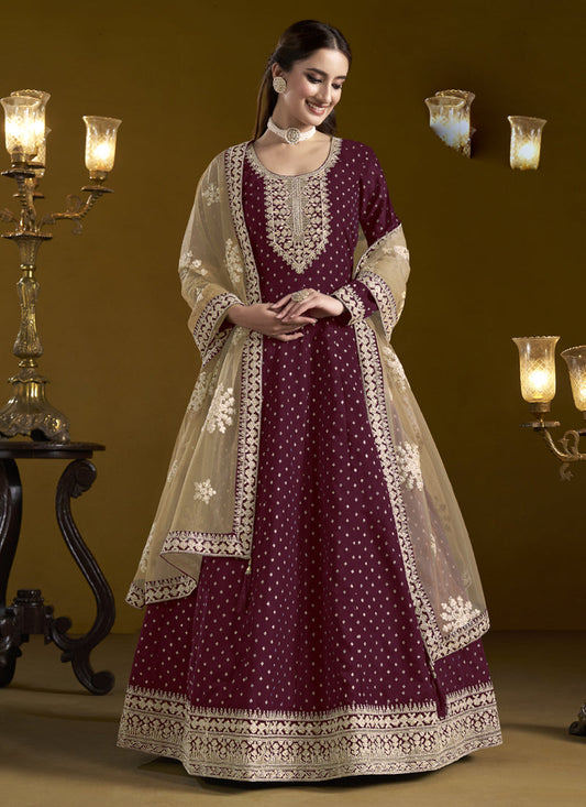 Wine Chanderi Butti Embroidered Anarkali Suit
