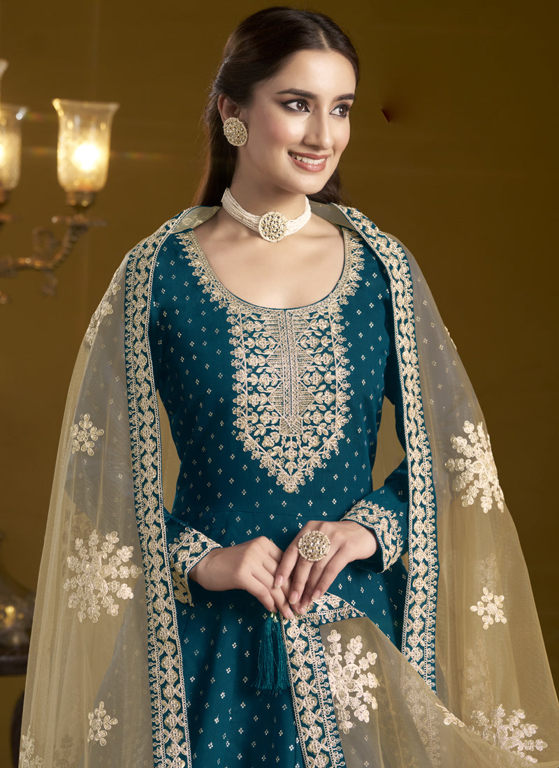 Royal Blue Chanderi Butti Embroidered Anarkali Suit