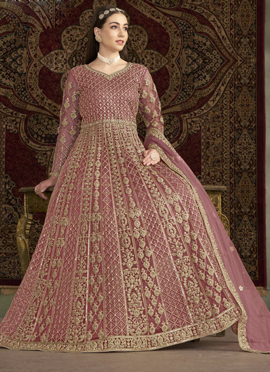 Light Pink Net Embroidered Anarkali Suit