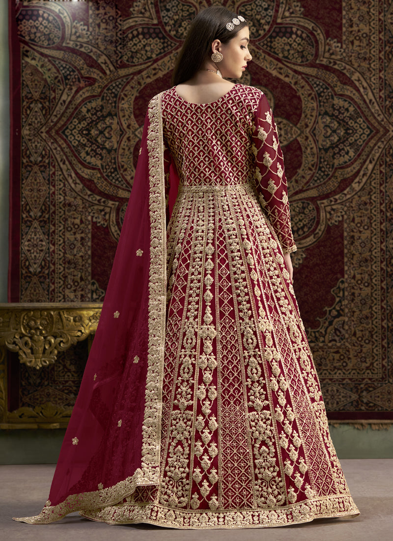 Maroon Net Embroidered Anarkali Suit