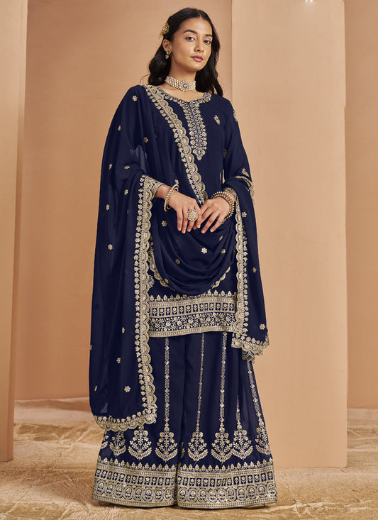 Navy Blue Faux Georgette Embroidered Palazzo Suit