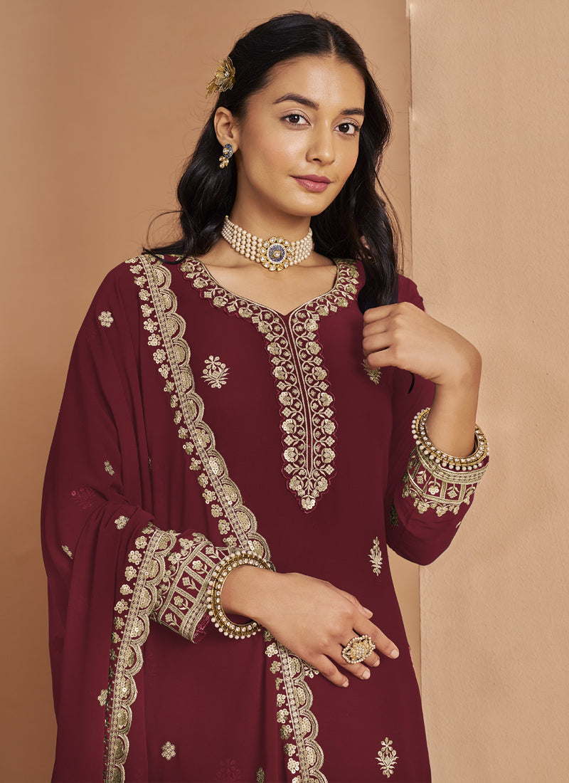 Maroon Faux Georgette Embroidered Palazzo Suit