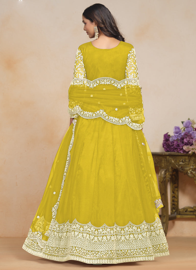 Yellow Net Embroidered Designer Anarkali Suit