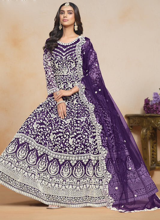 Violet Net Embroidered Designer Anarkali Suit