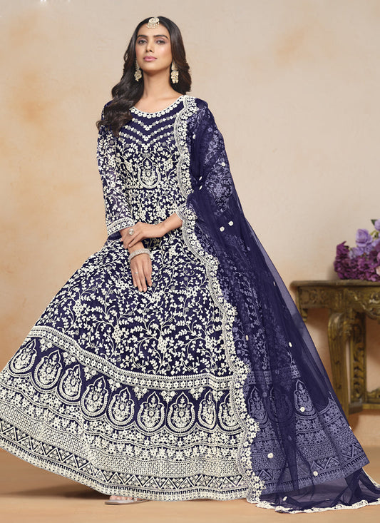 Blue Net Embroidered Designer Anarkali Suit