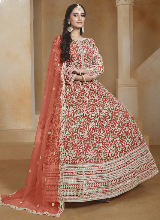 Orange Net Embroidered Anarkali Suit