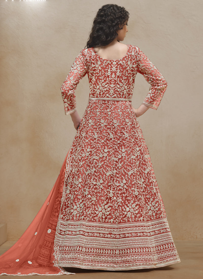 Orange Net Embroidered Anarkali Suit