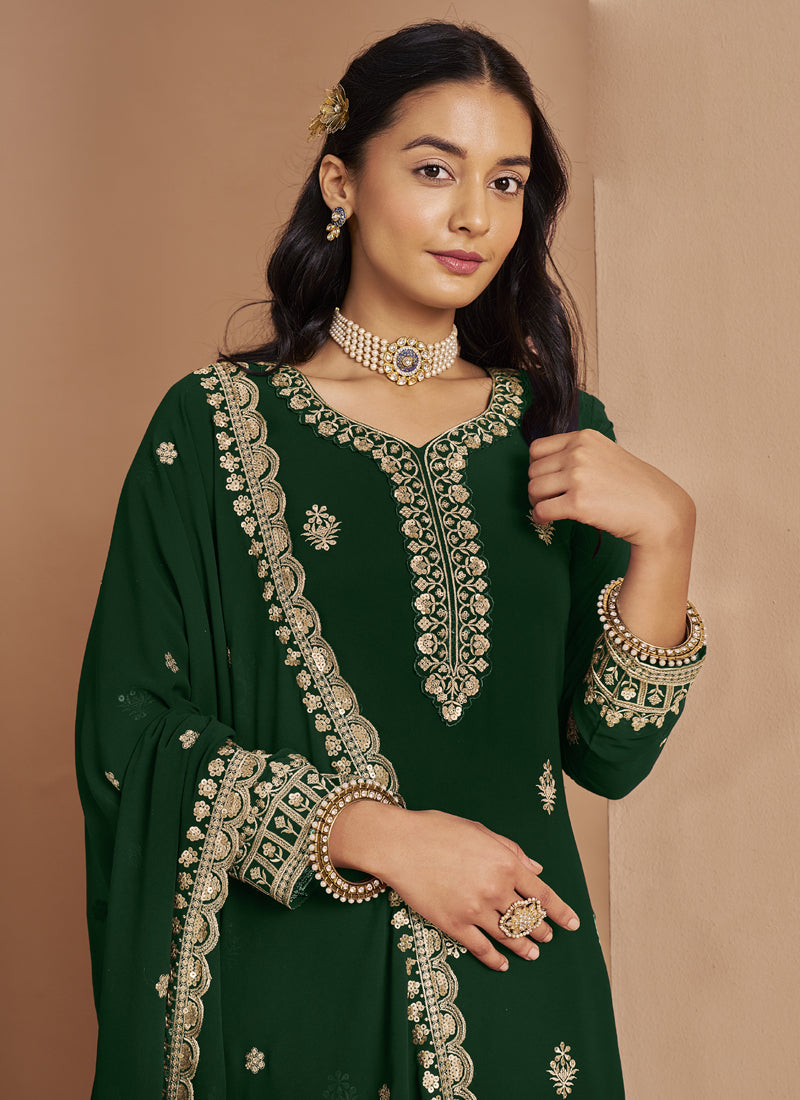 Green Faux Georgette Embroidered Palazzo Suit