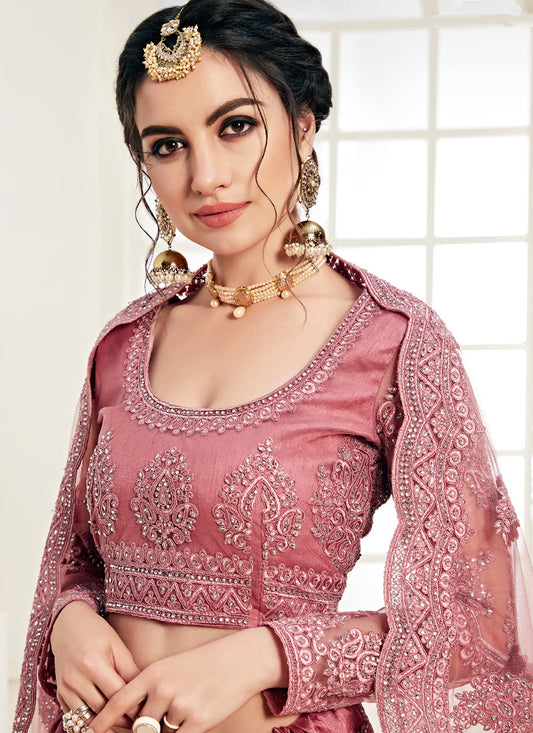 Rose Pink Butterfly Net Embroidered Wedding Wear Lehenga