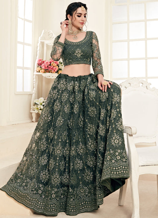 Mehendi Green Heavy Butterfly Net Embroidered Wedding Wear Lehenga