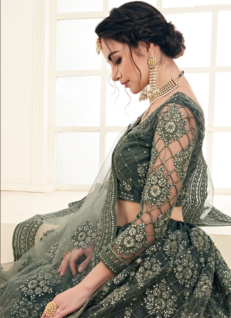 Mehendi Green Heavy Butterfly Net Embroidered Wedding Wear Lehenga