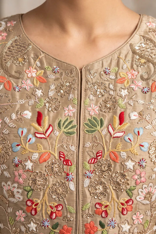 Beige Chinon Front & Back Work Anarkali Skirt Set