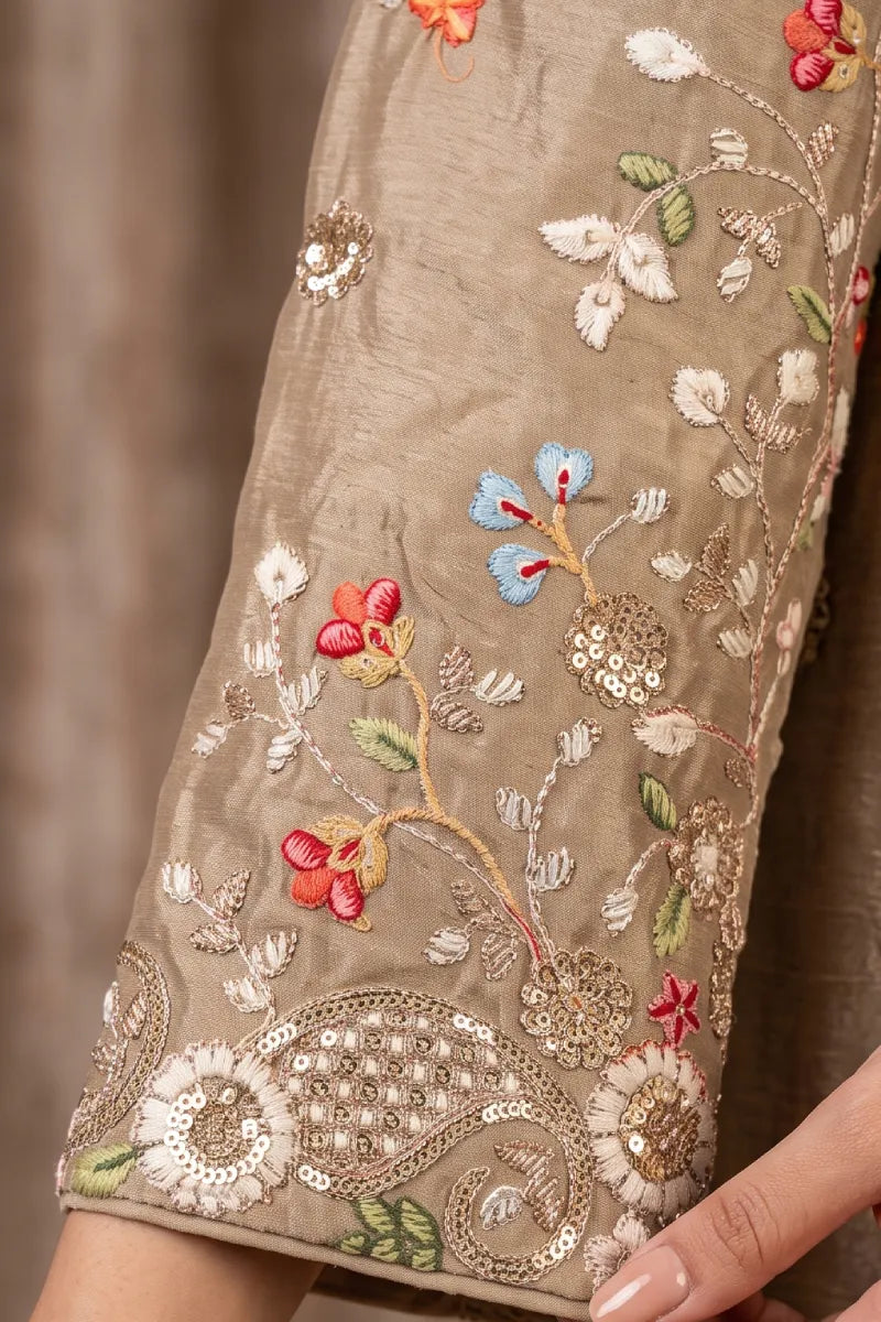Beige Chinon Front & Back Work Anarkali Skirt Set