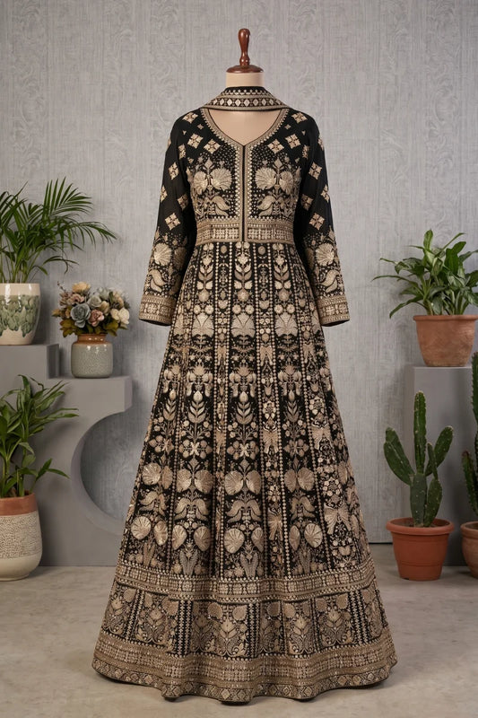 Black Chinon Front & Back Embroidered Anarkali Gown