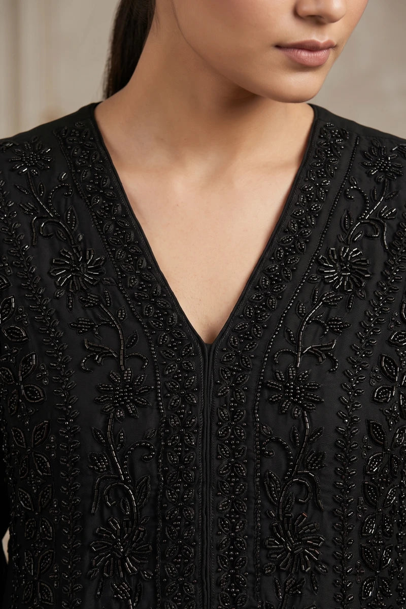 Black Chinon Beads Jacket Style Palazzo Suit