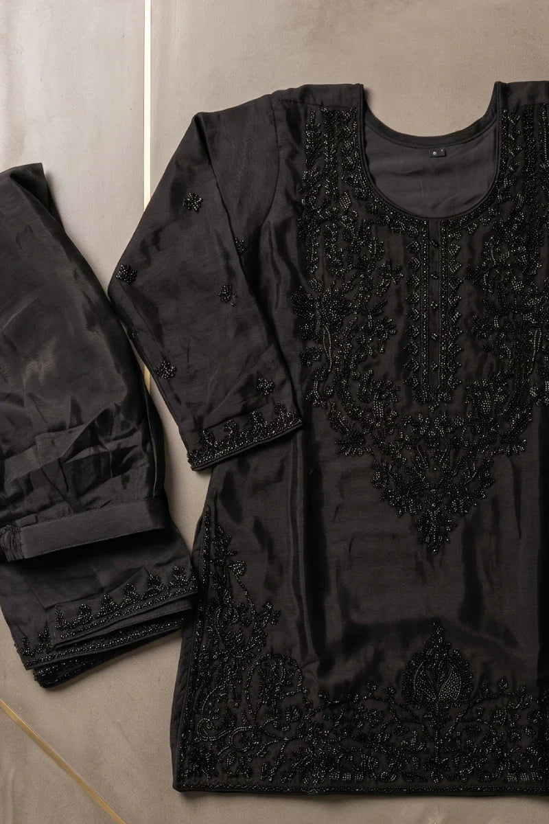 Black Premium Chinon Beads Palazzo Suit