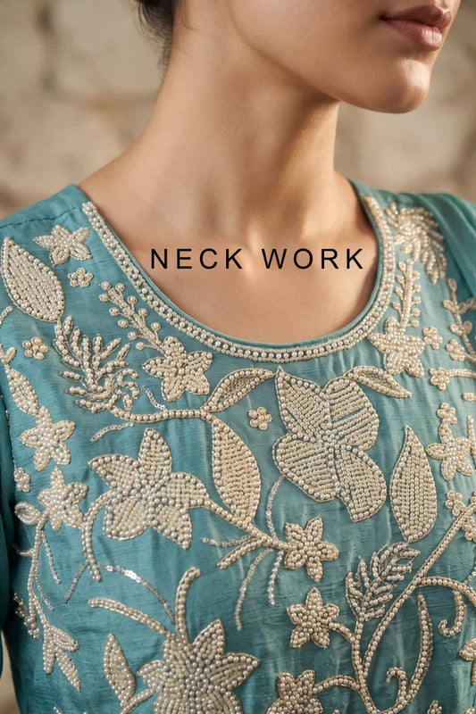 Sky Blue Chinon Embroidered Palazzo Suit with Beads Work