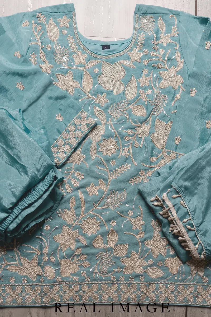 Sky Blue Chinon Embroidered Palazzo Suit with Beads Work