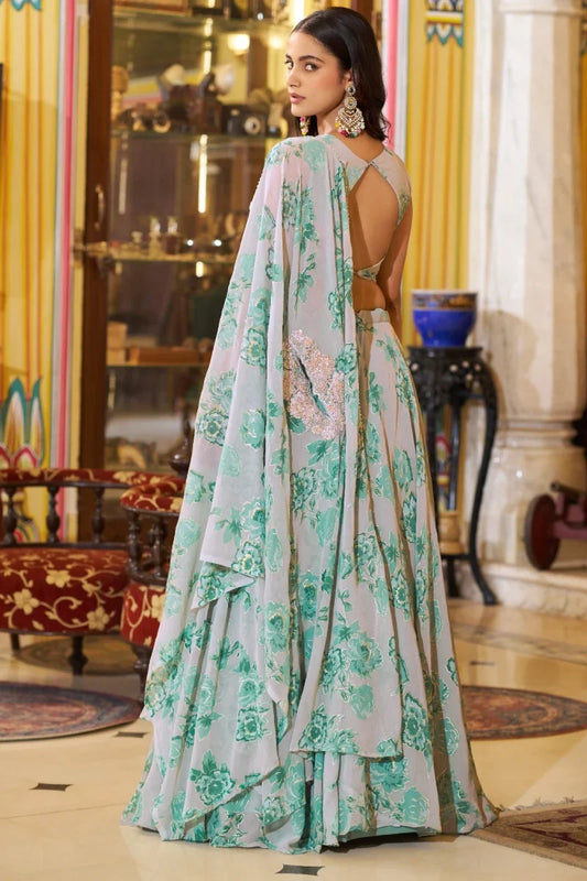 Blue Floral Georgette Embroidered Legenga Choli with Cape