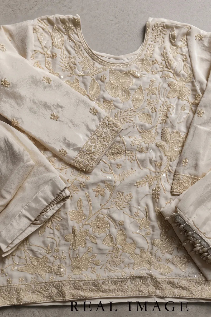 Off White Chinon Embroidered Palazzo Suit with Beads Work