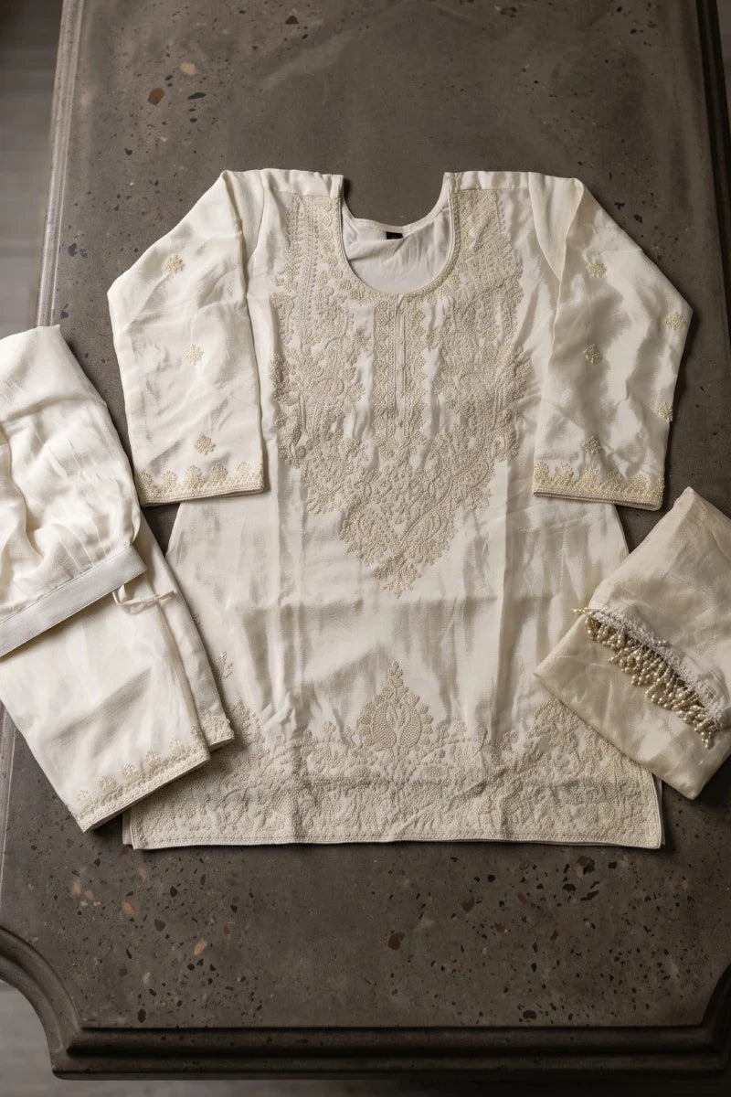 Off White Premium Chinon Beads Palazzo Suit
