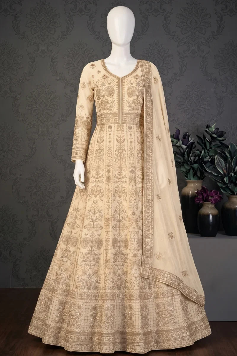 Cream Chinon Front & Back Embroidered Anarkali Gown