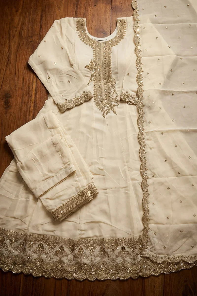 Cream Silk Embroidered Premium Anarkali Suit