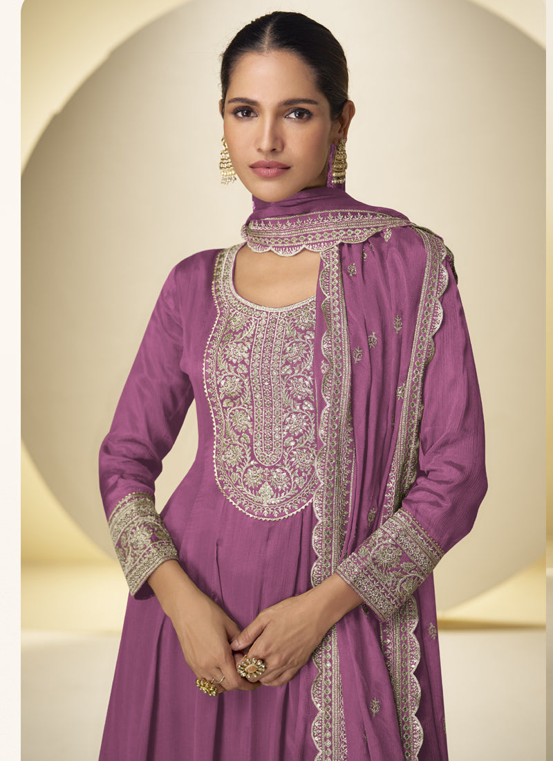 Onion Pink Chinon Silk Embroidered Designer Palazzo Suit