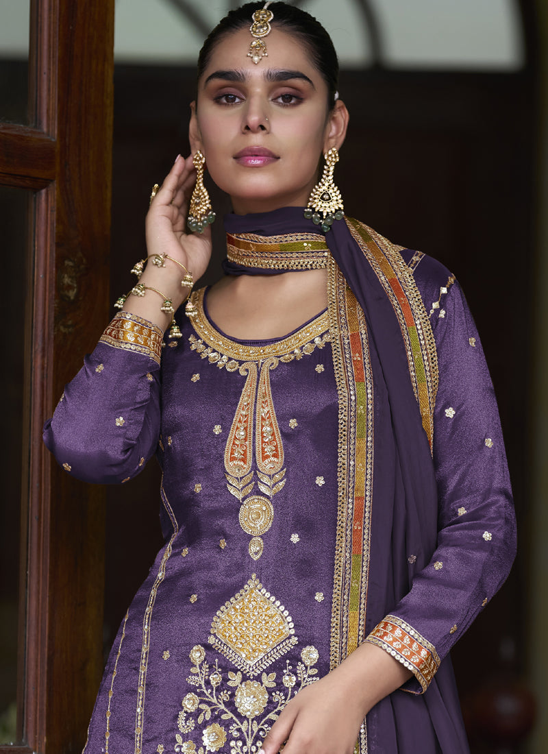 Violet Shimmer Silk Embroidered & Handwork Designer Palazzo Suit