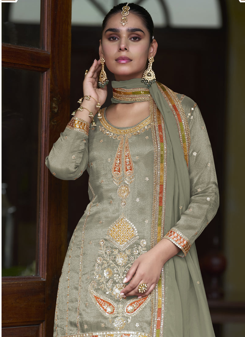 Light Mehendi Shimmer Silk Embroidered Designer Palazzo Suit