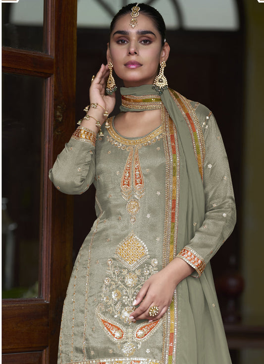 Light Mehendi Shimmer Silk Embroidered Designer Palazzo Suit