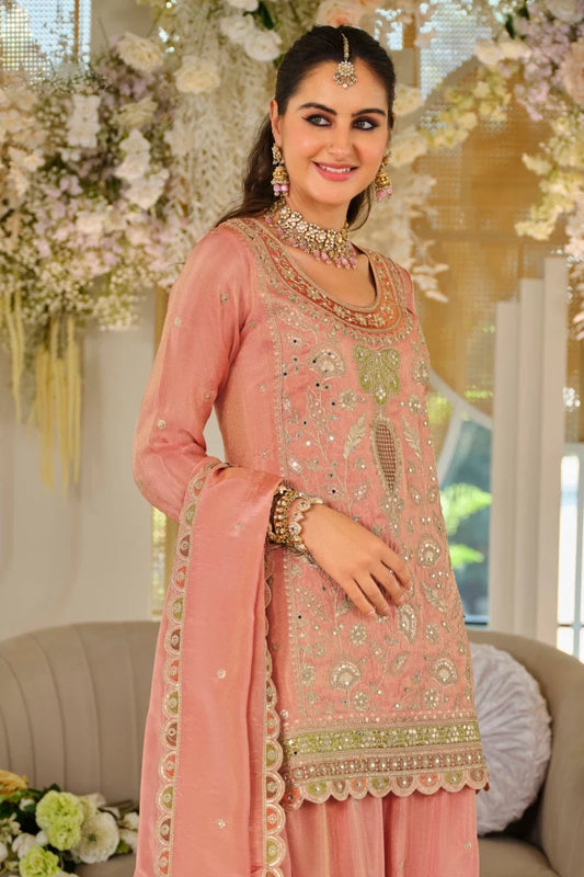 Peach Dola Silk Embroidered Palazzo Suit