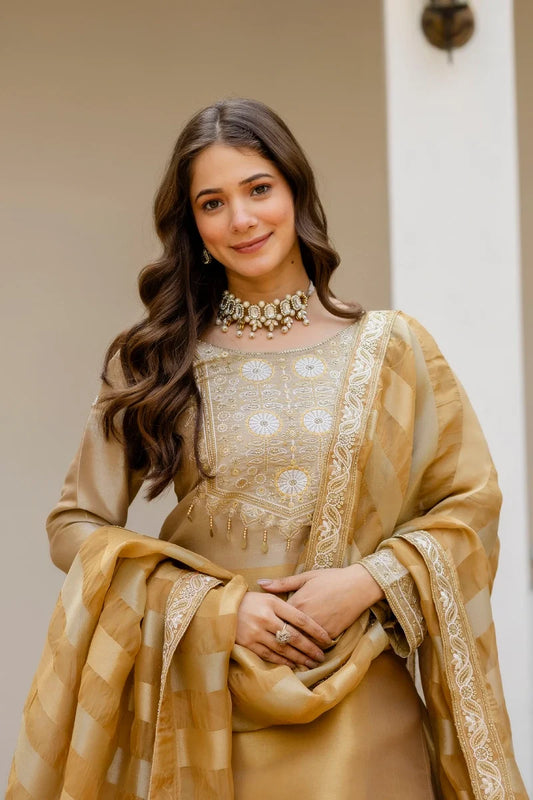 Gold Banarasi Silk Embroidered Skirt Set with Dupatta