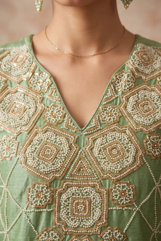 Parrot Green Chinon Embroidered & Beads Palazzo Suit