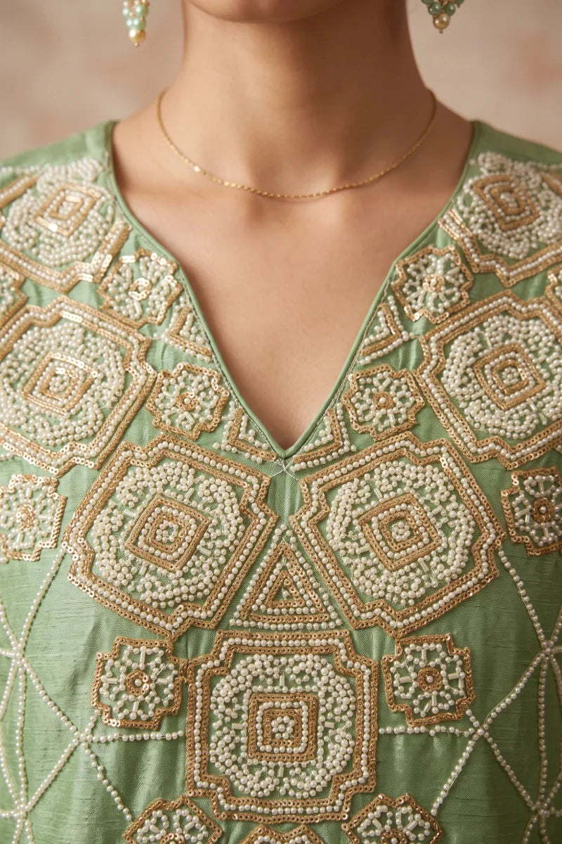 Parrot Green Chinon Embroidered & Beads Palazzo Suit