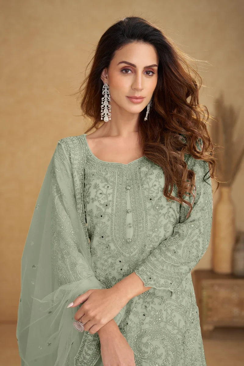 Dusty Green Soft Net Embroidered Palazzo Suit with Dupatta