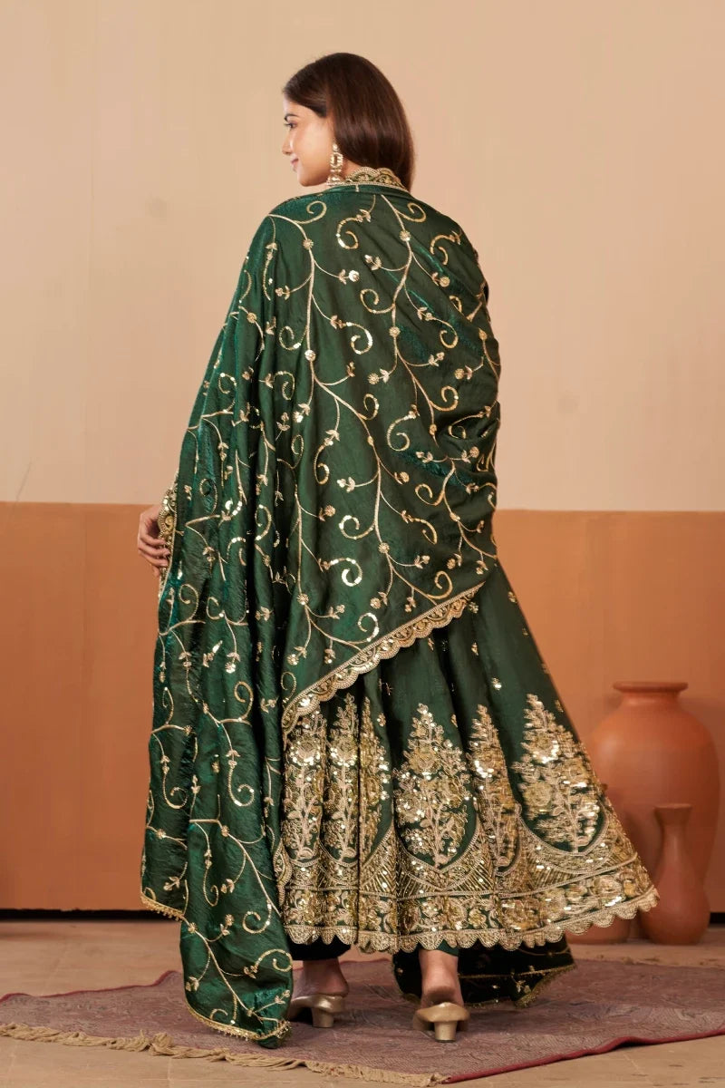 Dark Green Jelly Simmar Silk Embroidered Anarkali Suit with Dupatta