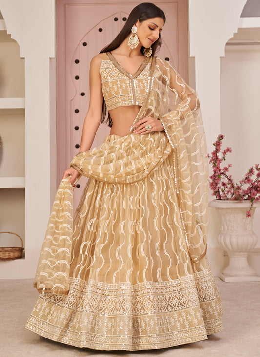 Beige Butterfly Net Embroidery Thread Designer Lehenga