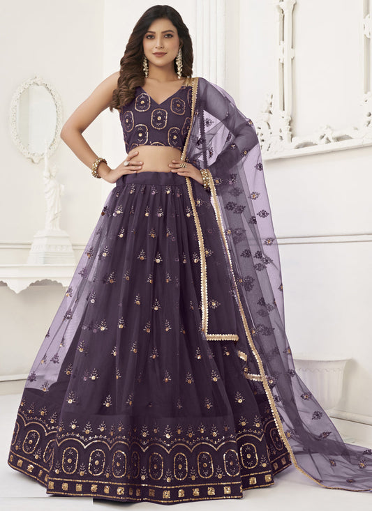 Wine Butterfly Net Embroidery Thread Designer Lehenga