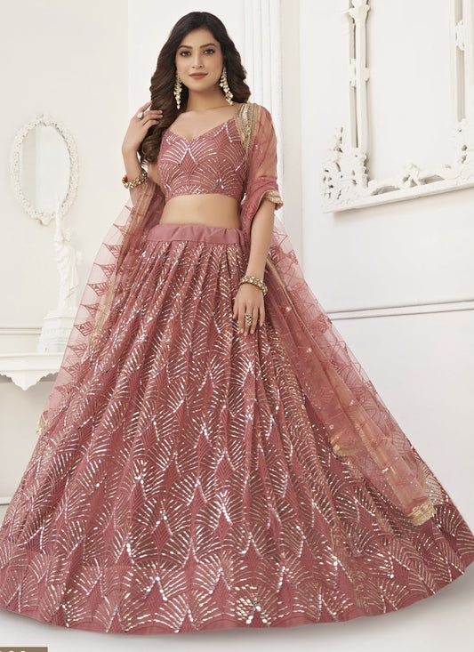 Brown Butterfly Net Embroidery Sequins Designer Lehenga