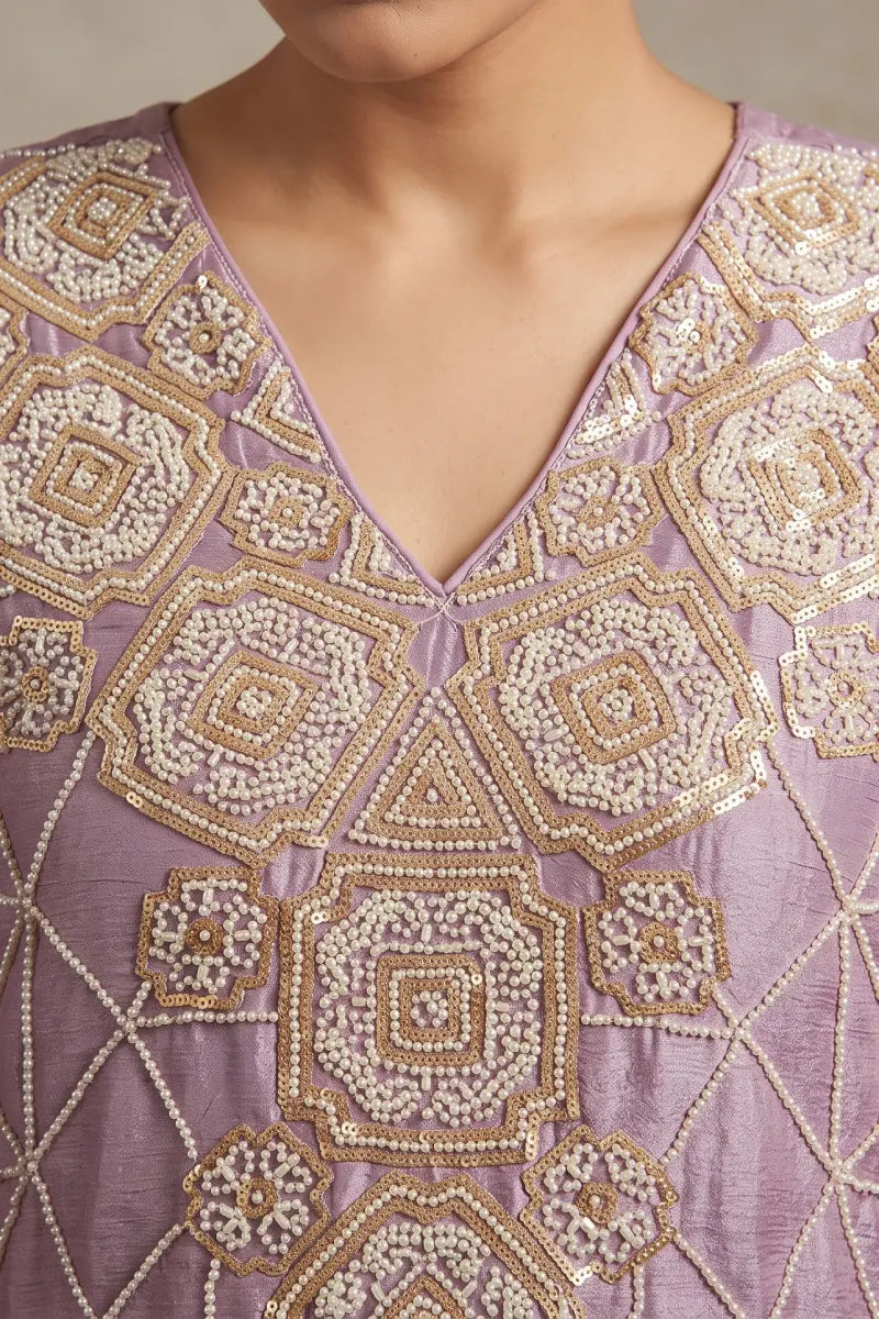 Lavendar Chinon Embroidered & Beads Palazzo Suit