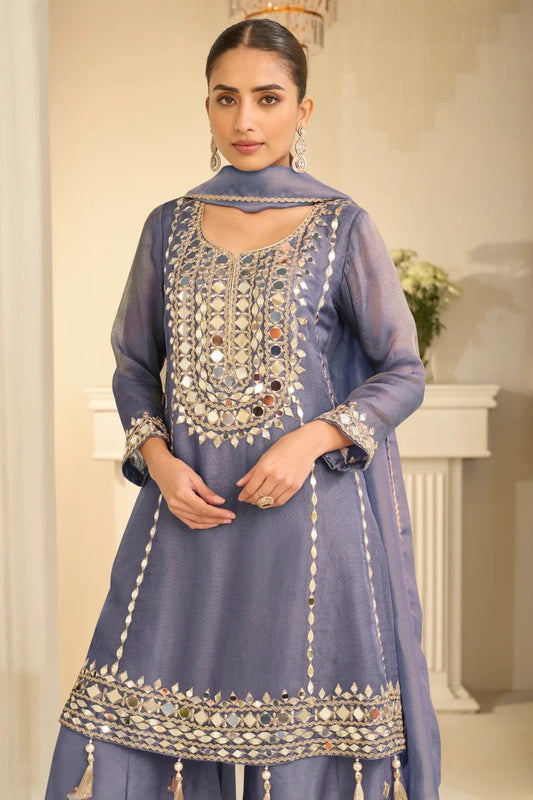 Dusty Blue Shimar Silk Mirror Palazzo Suit