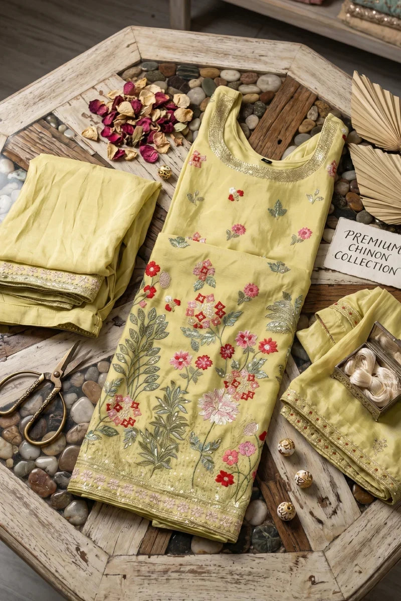 Lemon Green Chinon Thread Embroidered Palazzo Suit