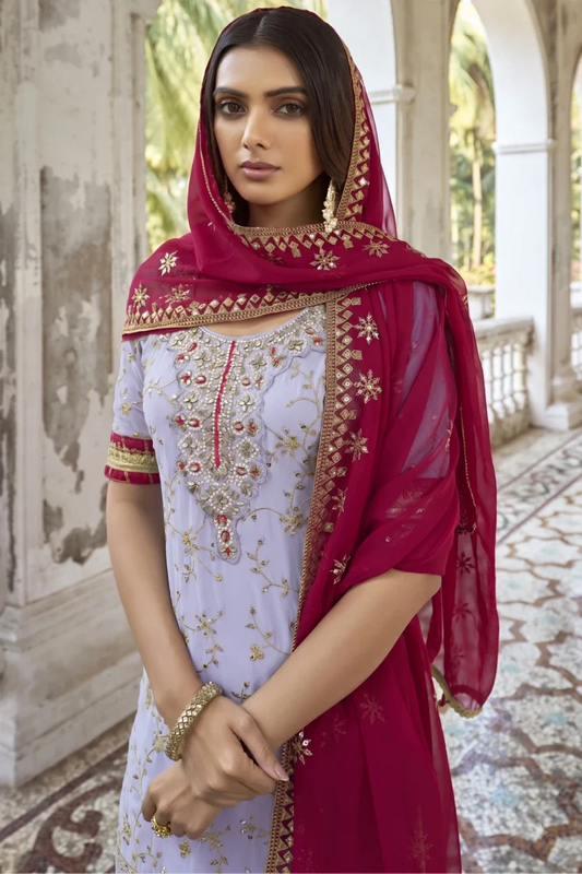 Pastel Lavendar Georgette Front & Back Embroidered Palazzo Suit