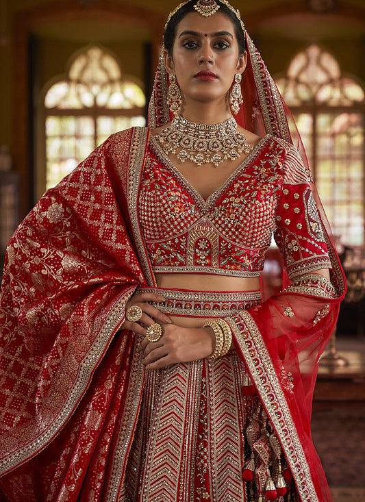 Crimson Red Multi Silk Embroidered Wedding Lehenga Choli