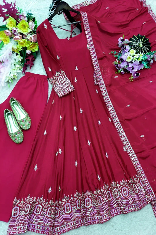 Red Chinon Embroidered Anarkali Suit with Dupatta