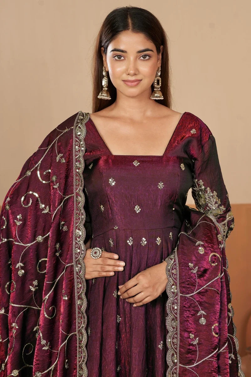 Maroon Jelly Simmar Silk Embroidered Anarkali Suit with Dupatta