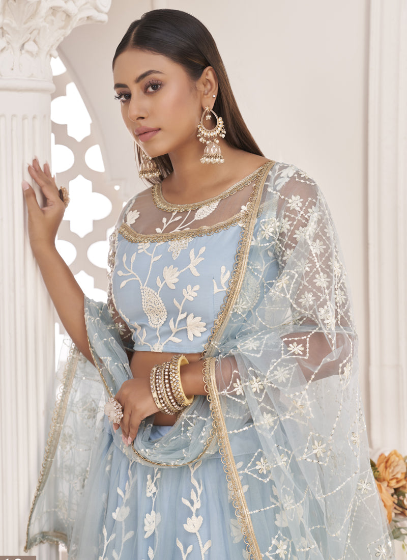 Light Sky Butterfly Net Embroidered Thread Wedding Lehenga